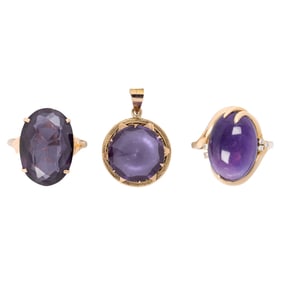 A group of amethyst and 14k gold jewelry