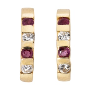 A pair of ruby, diamond, and 14k gold earrings