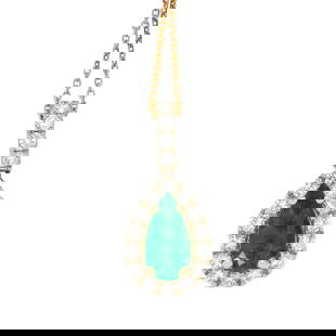 An emerald, diamond, and 14k bi-color gold necklace: An emerald, diamond, and 14k bi-color gold necklacethe yellow and white gold pendant centering a pear-cut emerald weighing approximately 1.90 carats, framed by 18 round brilliant-cut diamonds, weighin