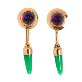 A pair of amethyst, chrysoprase, and 14k gold earrings