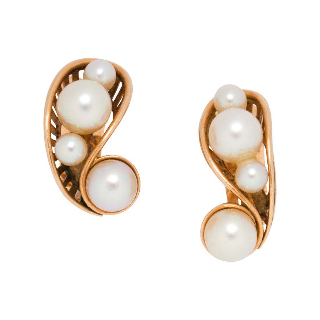 A pair of cultured pearl and 14k gold clip earrings: A pair of cultured pearl and 14k gold clip earrings Each featuring four cultured pearls measuring 7.25 mm and 4.51 mm; 7.5 grams; length: 3/4 in