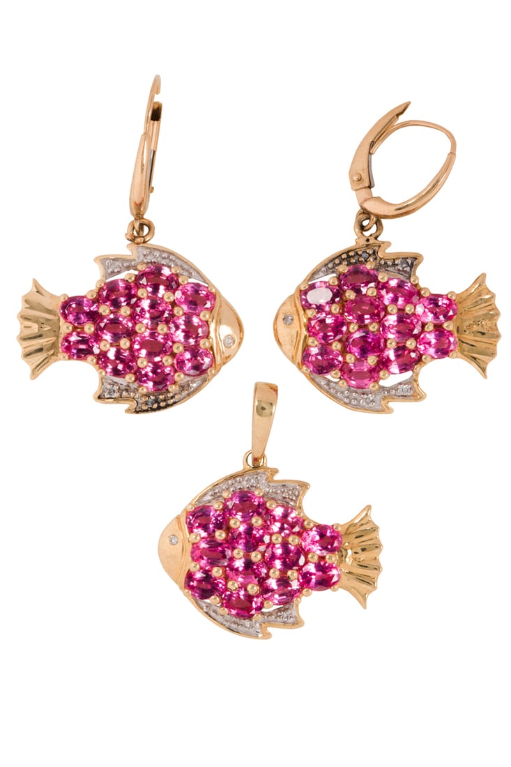 A pink spinel, diamond, and 14k gold necklace and earring set: A pink spinel, diamond, and 14k gold necklace and earring setof fish design, featuring 36 oval-cut spinels weighing approximately 7.95 carats in total, accented by single-cut diamonds, accompanied by