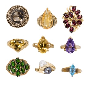 Nine gemstone and 14k gold rings