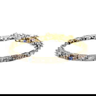 An art deco diamond, sapphire, and platinum-topped 14k gold bracelet: An art deco diamond, sapphire, and platinum-topped 14k gold braceletof filigree design, set with transitional round brilliant-cut diamonds and French-cut sapphires; 12.7 grams: length: 7 in