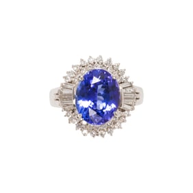 A tanzanite, diamond and platinum ring