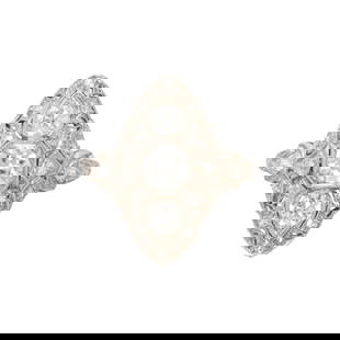 An Art Deco diamond and platinum ring: An Art Deco diamond and platinum ringthe navette form design, centering 3 transitional round brilliant-cut diamond, weighing approximately 0.25, 0.50, 0.25 carat, further accented by single-cut diamon