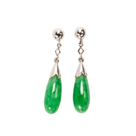 A pair of jade and 18k white gold earrings