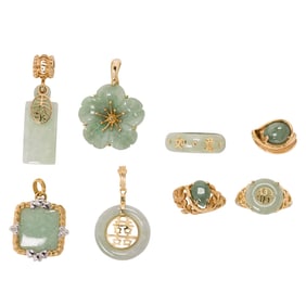 A group of jade and 14k gold jewelry