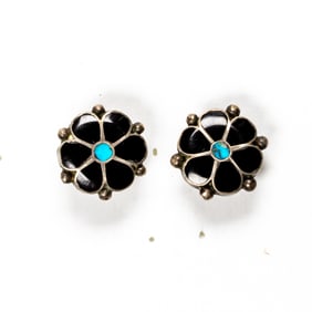 A pair of Native American, onyx, turquoise, and silver ear clips