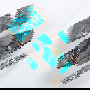 A group of three Native American turquoise and silver cuffs: Group of three Native American turquoise and silver cuffsTwo featuring rectangular turquoise cabachons, one featuring turquoise inlay; 202.2 grams