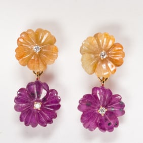 A pair of sapphire, diamond, and 18k gold earrings