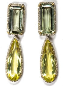 A pair of prasiolite, topaz, diamond, silver, and 14k gold earrings