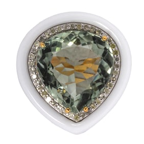 A prasiolite, diamond, enamel, silver, and 14k gold ring