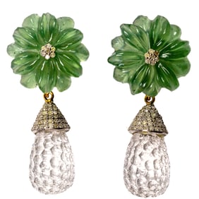 A chrysoprase, rock crystal, diamond, silver, and 14k gold earrings