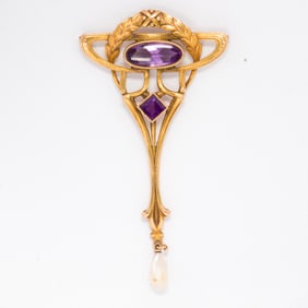 Antique amethyst, pearl, and gold filled pendant
