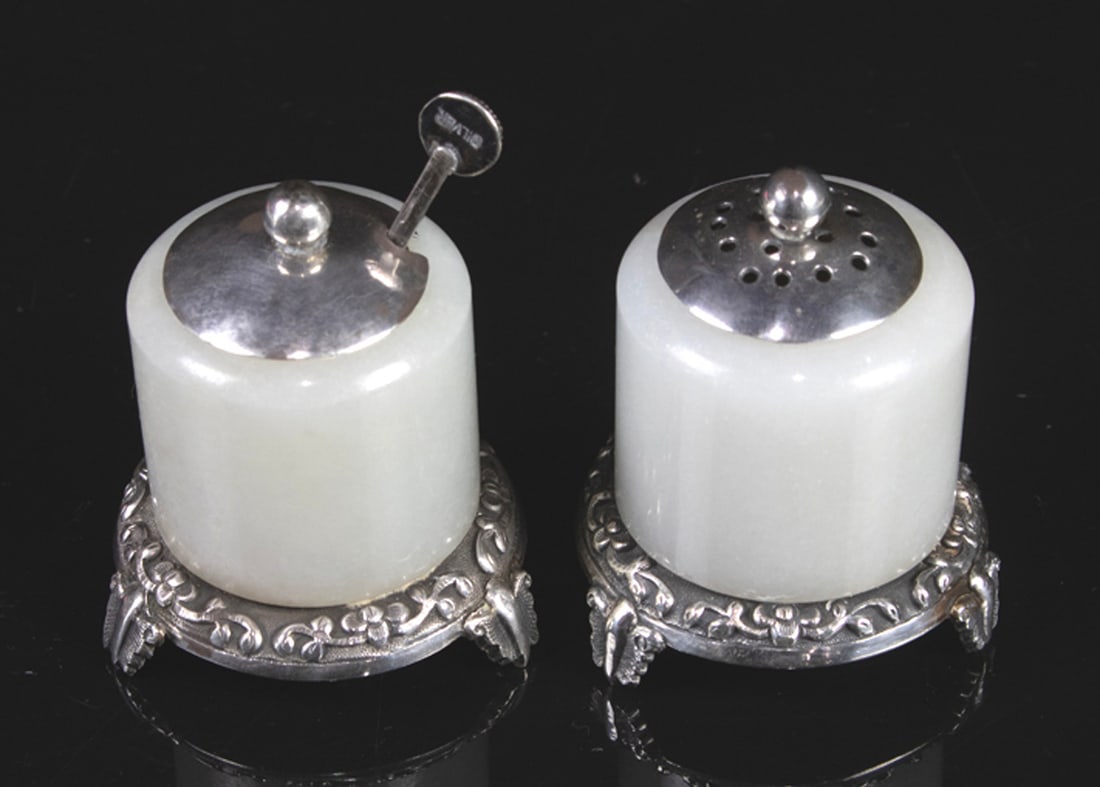 A pair of Asian silver mounted hardstone stone salt and peppers (1 of 1)