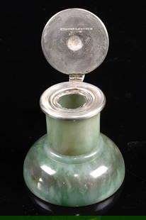 An Art Deco Edward Farmer, NY jade inkwell: An Art Deco Edward I. Farmer, New York, Jade inkwell. Farmer and his studio produced, silver- and gilt-mounted table accessories, lamps and other fine metalwork, often embellished with complete carvin