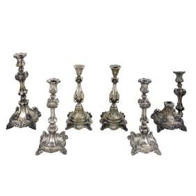Three pairs of Polish silver-plated candlesticks including Judaica Shabbat