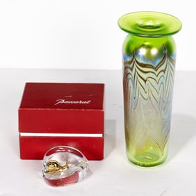 An Orient & Flume iridescent glass vase and a Baccarat gilt bronze mounted glass paperweight of a