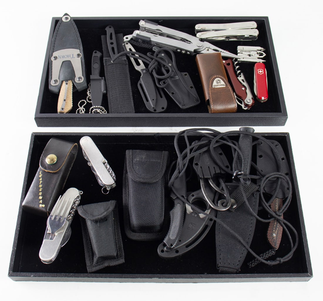 A group of ten multi-tools and ten everyday carry neck knives with sheaths (1 of 1)