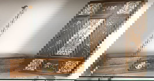 A scrimshaw decorated key cabinet and a satinwood box