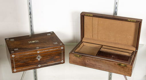 An Italian leather jewelry box and a Victorian mother-of-pearl inlaid rosewood table box