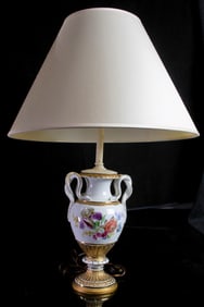 A Meissen porcelain snake handle urn form table lamp
