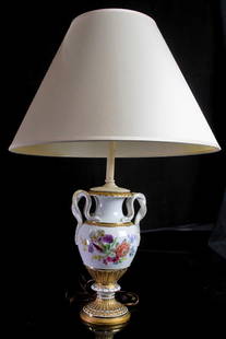 A Meissen porcelain snake handle urn form table lamp: A Meissen porcelain snake handle urn form table lamp, painted with Deutsch blumen and highlighted with gilt, 16"h (overall); 11"h (vase)