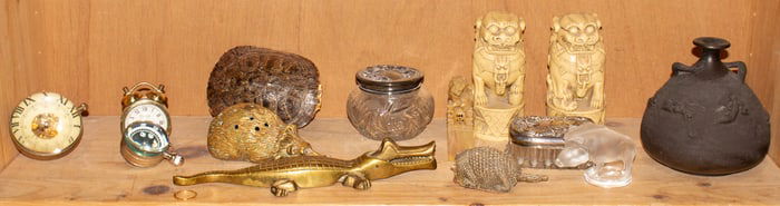 An assembled group, including Lalique Sanglier boar form paperweight, desk clocks and others