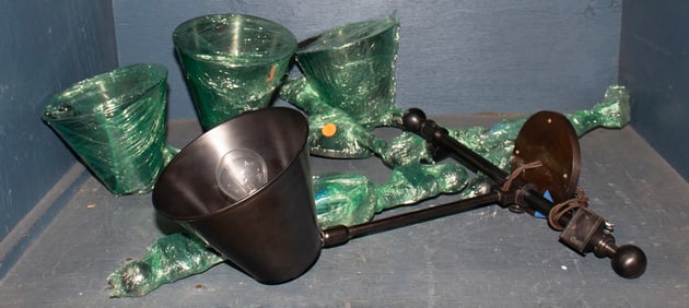 Four copper finish wall light fixtures with shades from the 2015 San Francisco Designer Showcase