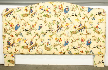 A tufted headboard in Scalamandre 'Ming Circus' fabric, Senator Feinstein Estate