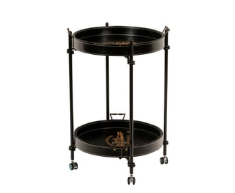 A contemporary round bar cart with wine motif