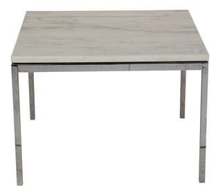 A Knoll style white marble top low table raised on chromed legs