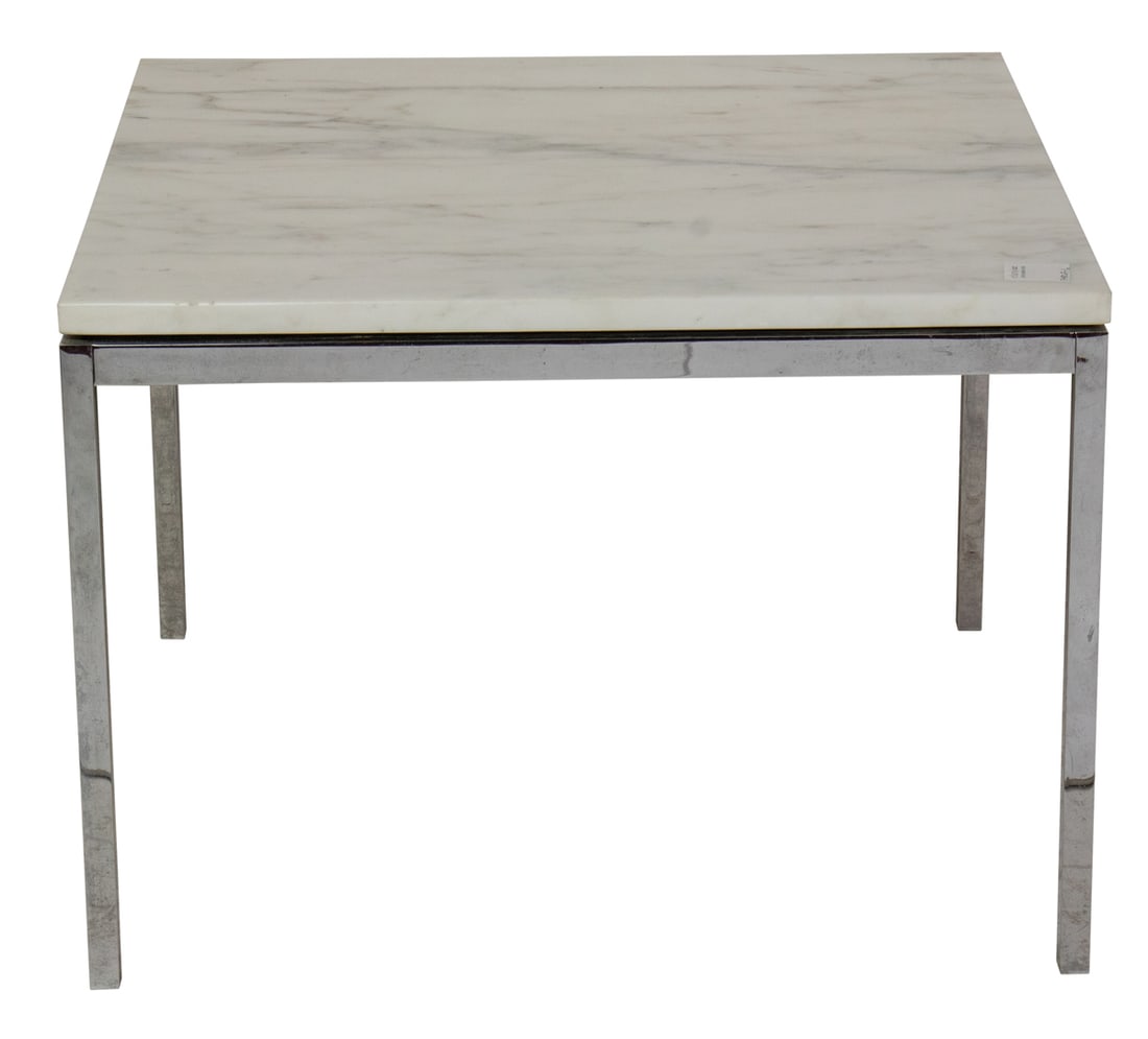 A Knoll style white marble top low table raised on chromed legs (1 of 4)
