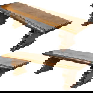 A large pair of Arts and Crafts benches commissioned for Santa Sabina Center 1930's: A large pair of Arts and Crafts benches commissioned for Santa Sabina Center 1930's, each consisting of a thick rectangular top with rounded edges, rising on urn form trestle supports, 18"h x 70"w x 2