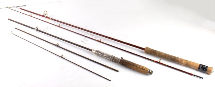 A collection of antique bamboo and vintage fishing rods, in a leather case