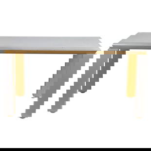 A Contemporary grey lacquer center table: A Contemporary grey lacquer center table, the lacquer finish over a maple frame and rising on square legs, 28.5"h x 55"w x 32"d