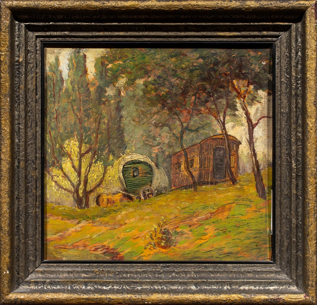 Painting, American School (20th century): American School (20th century), Landscape with Covered Wagon, oil on cardboard, unsigned, overall (with frame): 17.25"h x 18"w