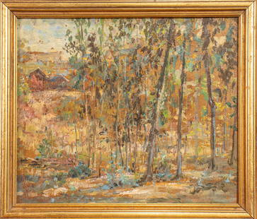 Painting, American School (20th century): American School (20th century), Untitled (Forest), oil on board, unsigned, overall (with frame): 12.5"h x 14.75"w