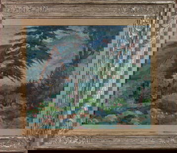 Painting, Richard Bamattre: Richard Bamattre (Swiss/American, 1893-1964) Untitled (Valley Landscape), oil on canvas affixed to board, board: 25"h x 34"w, overall (with frame): 34"h x 43.25"w