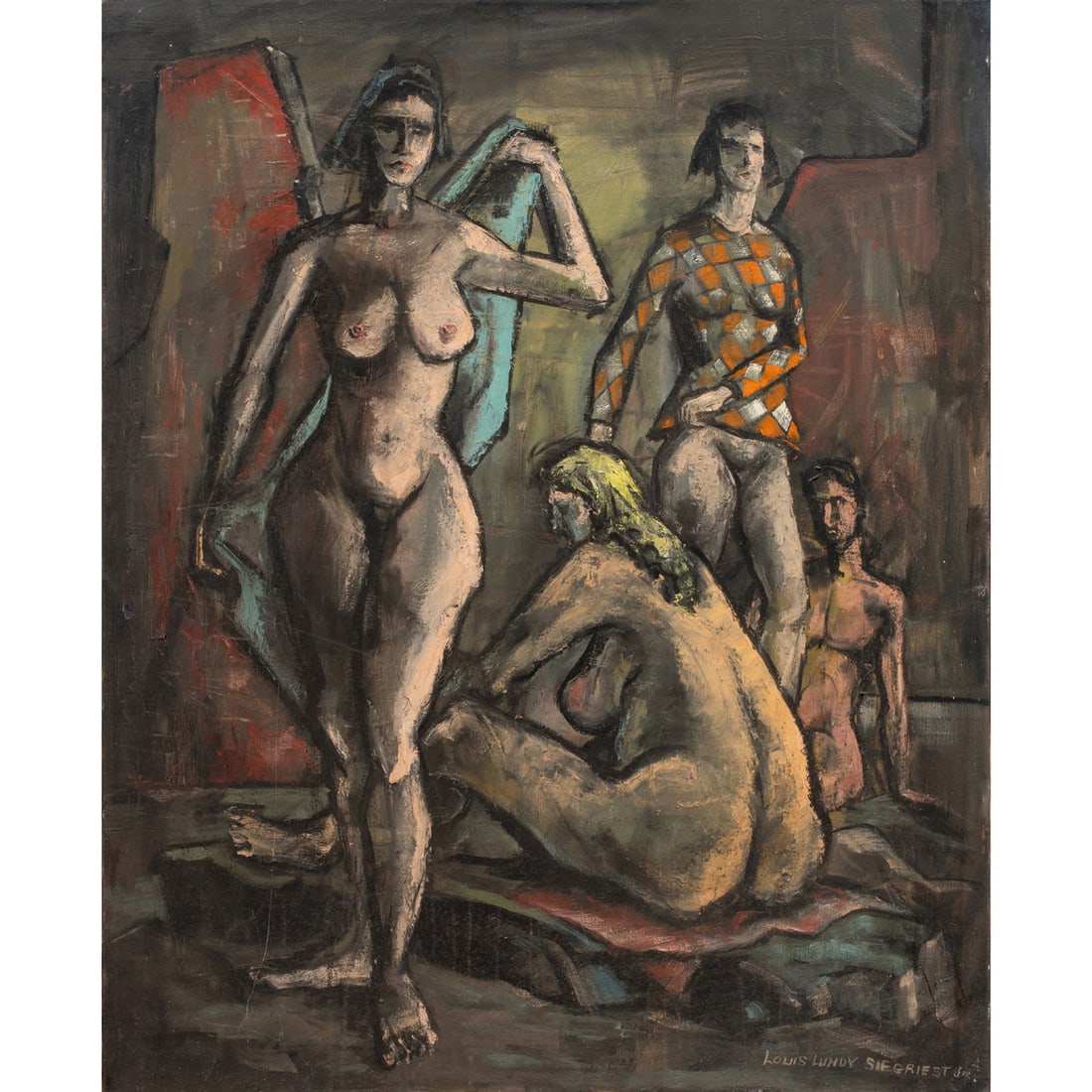 Painting, Lundy Siegriest: Lundy Siegriest (American, 1925-1985), "Nude Figural Group," oil on canvas, signed lower right and signed verso, canvas: 44"h x 36"w, overall (with frame): 44.5"h x 36.5"w