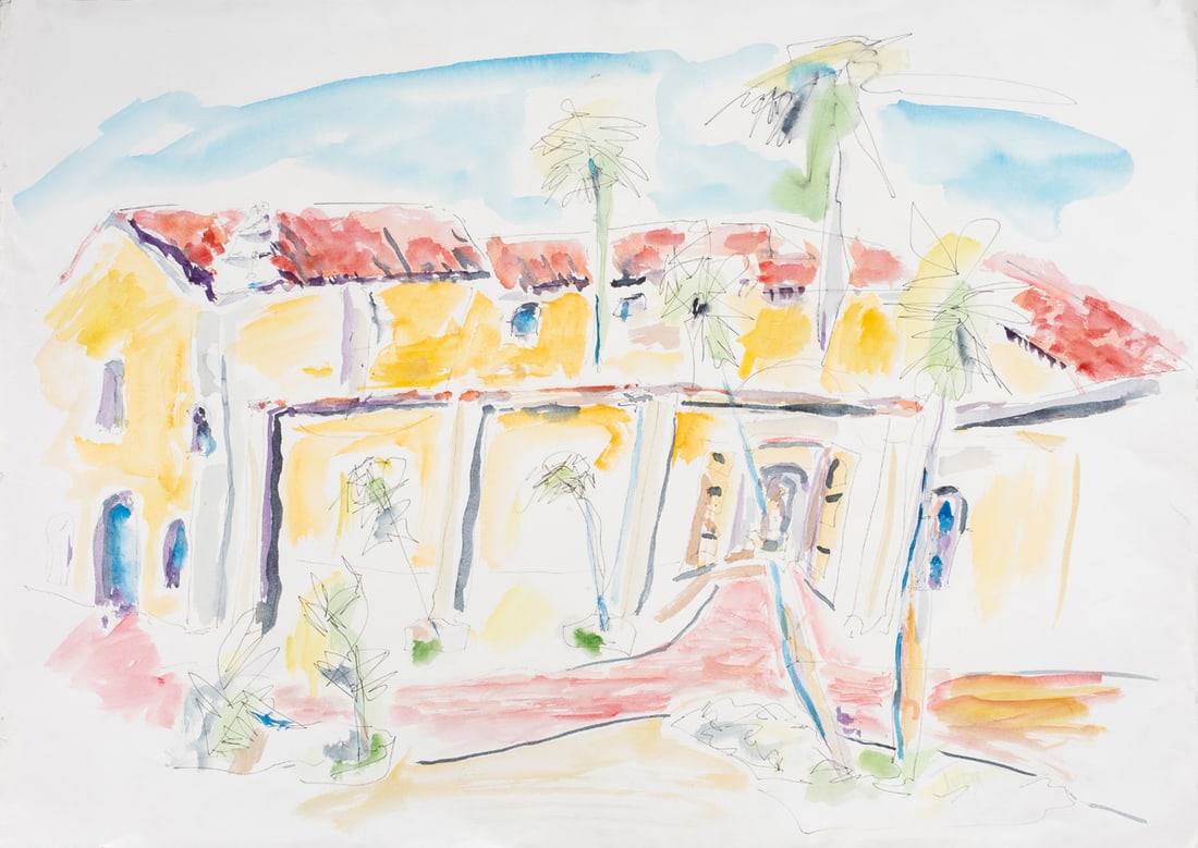 Watercolor, Father John Tupa: Father John Tupa (American, 20th century), "San Gabriel Mission," watercolor and ink on paper, signed and titled verso, sheet (unframed): 30"h x 41.25"w