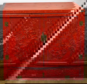 A Chinese red lacquered cabinet