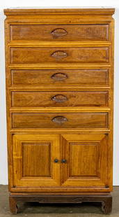 Chinese hardwood cabinet, Senator Feinstein Estate: Chinese hardwood cabinet. Fitted with five-velvet lined drawers over two doors, 39"h x 14"h x 20"d. Provenance: The Estate of Senator Dianne Feinstein (1933-2023).