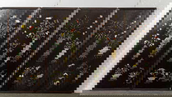 (lot of 4) Chinese hardwood and hardstone inlaid panels: (lot of 4) Chinese hardwood and hardstone inlaid panels. Featuring auspicious characters and floral design, 57.75"h x 23.75"w.