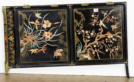 A Chinese soapstone inlaid black lacquered door panel