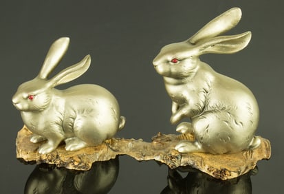 (lot of 2) Japanese painted bronze rabbits with wood stand