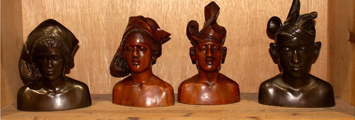 (lot of 4) Balinese bronze and wood busts