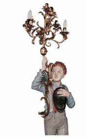 Seven-Lights Wood Carved Polychrome Pensive Boy Statue