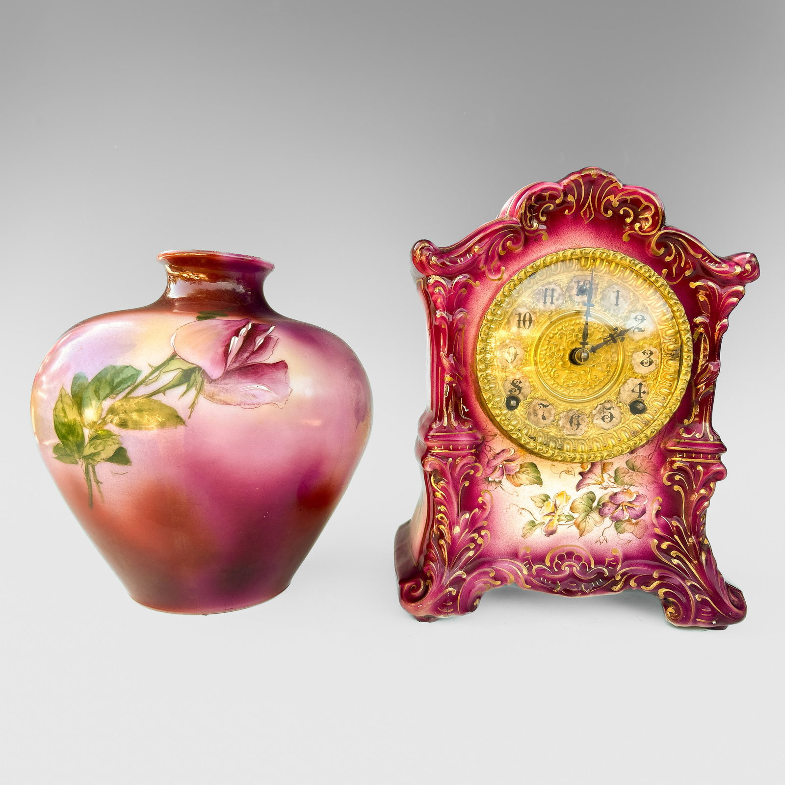 Porcelain Vase and Clock: (lot of 2) Pocelain vase and clock. Tallest: 12"h (30.48 cm) Provenance: Property from an estate in Paso Robles, CA NOTE: THIS ITEM IS IN LOS ANGELES.
